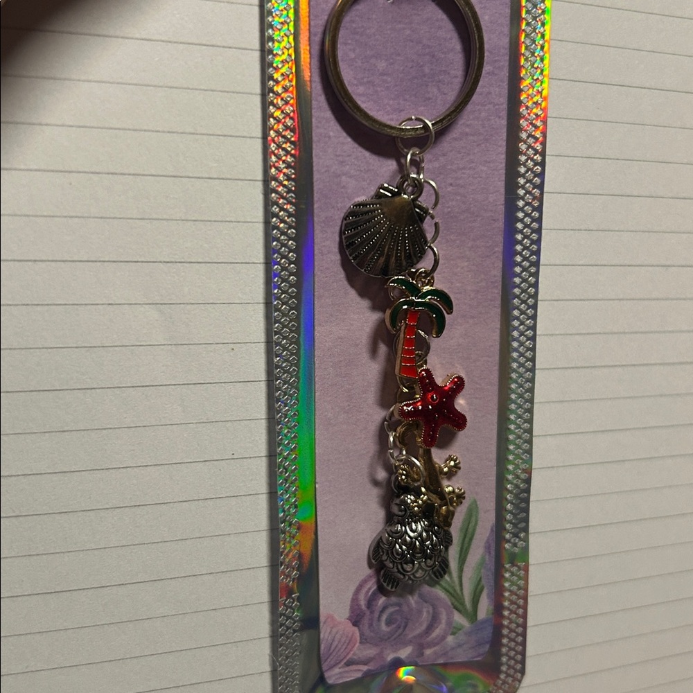 Silver keychain with gecko, turtle, shell charms